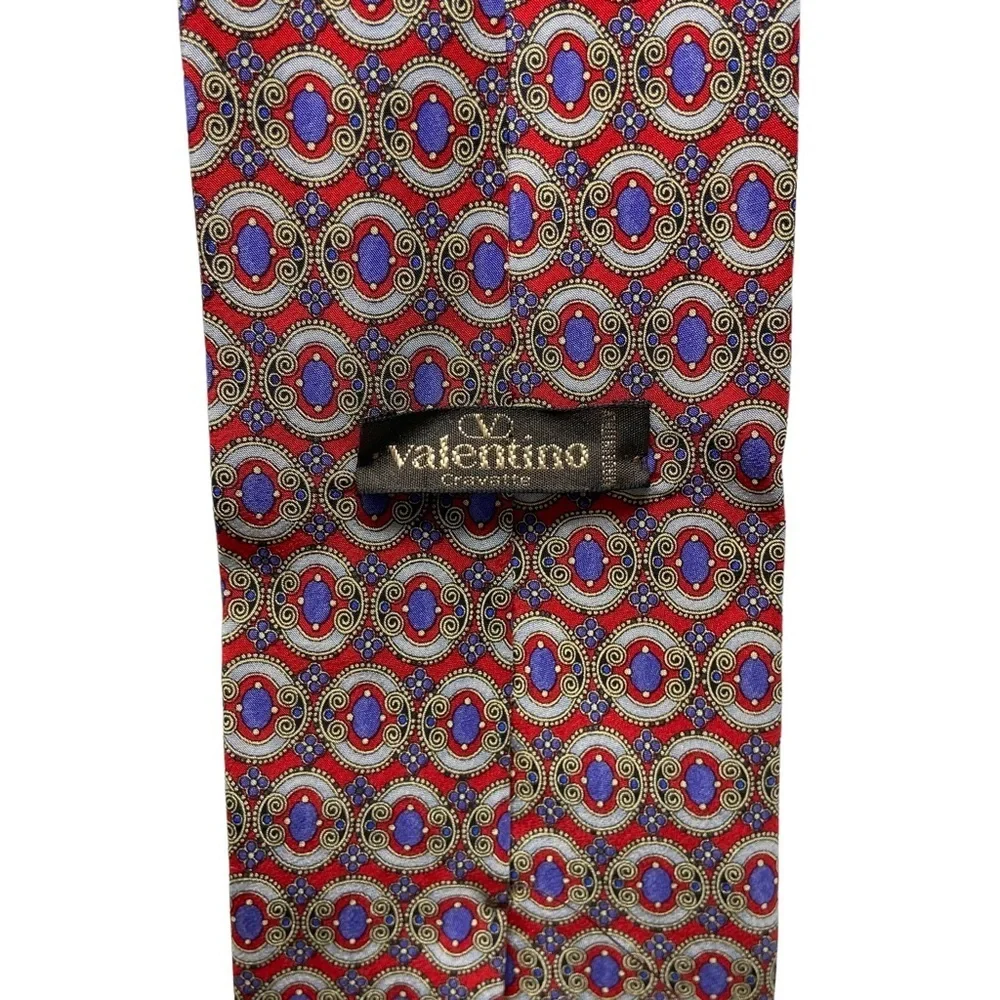 Valentino Necktie. Red with Purple Ovals Abstract Design.